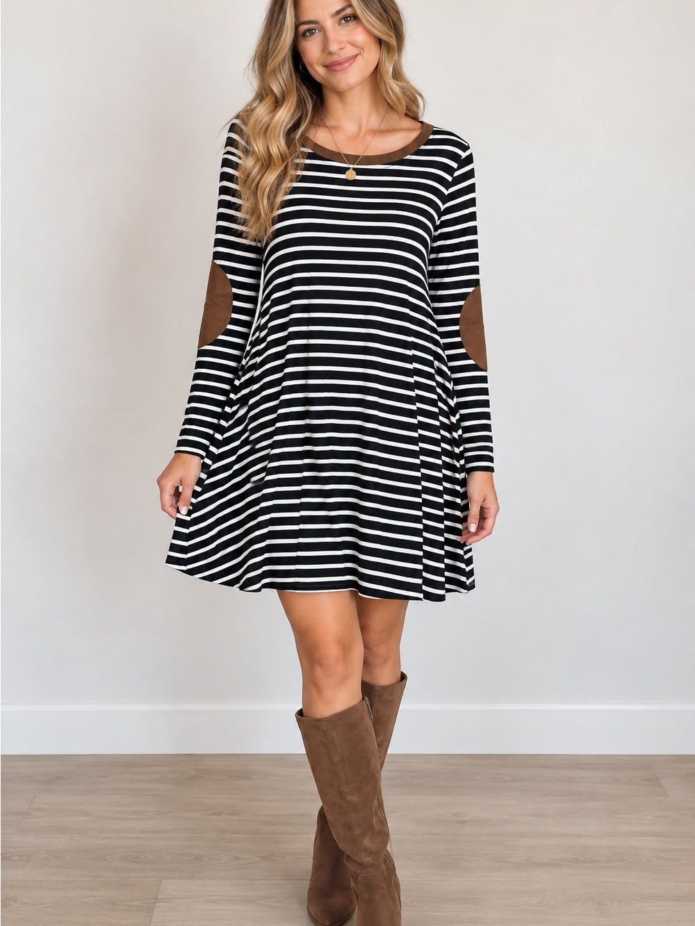 Umgee Striped Tunic Dress Small Black White Brown Elbow Patches Long Sleeve